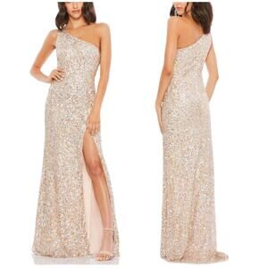 Mac Duggal NWT Sequined Asymmetric Sheath Dress Size 10 Nude One Shoulder Gown